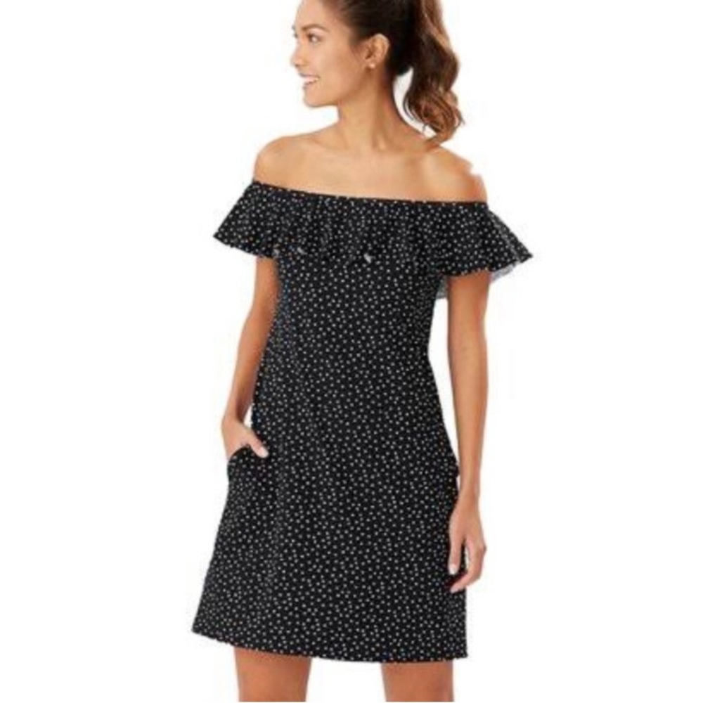 TOMMY BAHAMAS.Sea Swell Ruffle off the shoulder Spa dress. Black/White p…